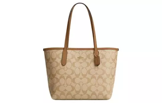 COACH Сумка-тоут City Coated Canvas, сумка для покупок, сумка на плечо Trumpets, женская, светло-хаки и светло-серьезная