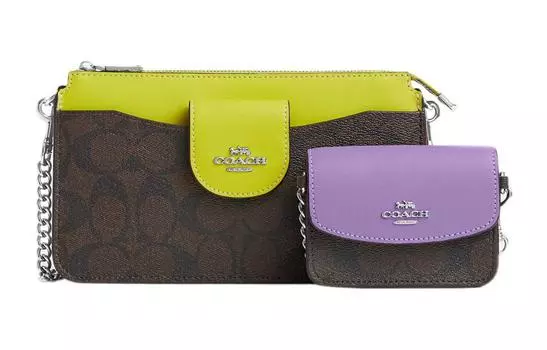 COACH Сумка-тоут из холста и кожи, сумка через плечо, обычная женская, коричневая и желто-фиолетовая