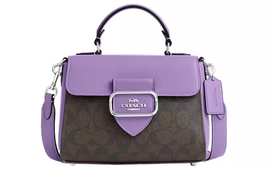 COACH Сумка-тоут из холста Morgan с кожаной сумкой, через плечо, через плечо, женская сумка-труба с фиолетовой и кофейной монограммой