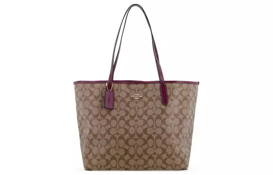 COACH Сумка-тоут из искусственной кожи, большая, через плечо, женская, цвет хаки, насыщенный ягодно-красный