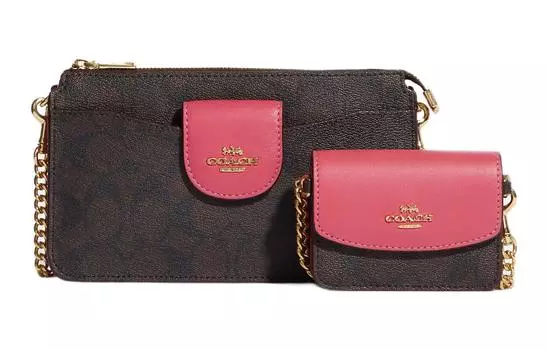 COACH Сумка-тоут из коровьей кожи с ПВХ, сумка на плечо, женская, коричневая и арбузно-красная