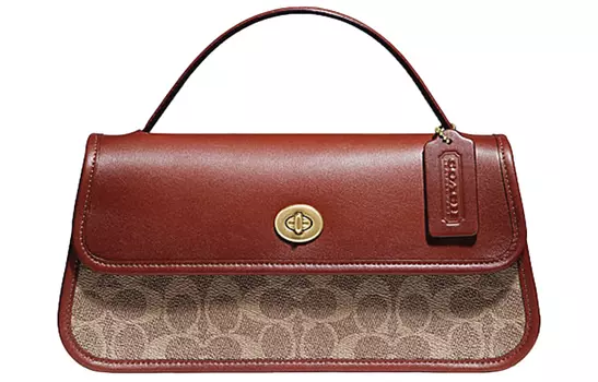 COACH Сумка-тоут из кожи и холста с поворотным замком, женская, наплечная, коричнево-желтого цвета, ржавого цвета