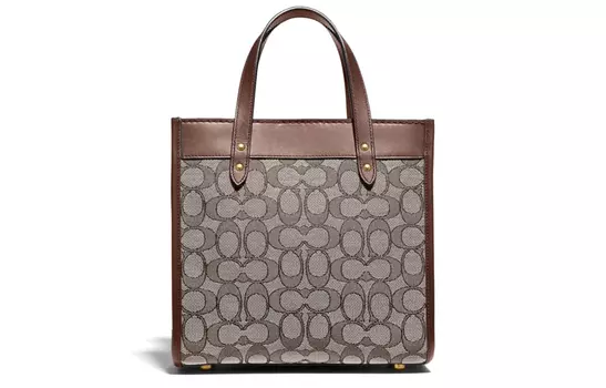 COACH Сумка-тоут из парусины с кожаной холщовой тканью, универсальная, для поездок на работу, через плечо, небольшого размера, женская, коричневого цвета