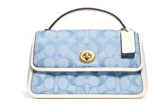 COACH Сумка-тоут из парусины с замком-вертушкой и кожаным клапаном, женская, через плечо, синяя, с монограммой
