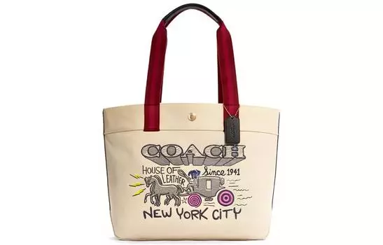 COACH Сумка-тоут из переработанного холста с кожаной сумкой, сумка для покупок, сумка через плечо, большая женская сумка цвета хаки