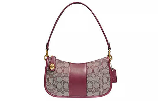 COACH Сумка-тоут Swinger из жаккардовой ткани с кожаной отделкой, через плечо, среднего размера, женская, бордовая, красно-коричневая, с монограммой