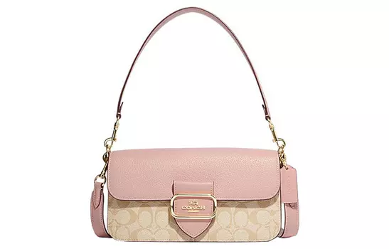 COACH Сумка-туба из холщовой ткани Morgan с кожей и коровьей кожей, женская, цвета хаки, монограмма, розовый