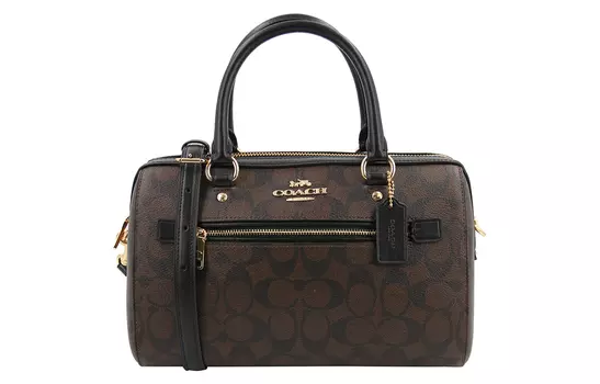 COACH Сумка-туба из ткани Rowan Coated Canvas с гладкой кожей, сумка-мессенджер, сумка через плечо, женская, темно-коричневая
