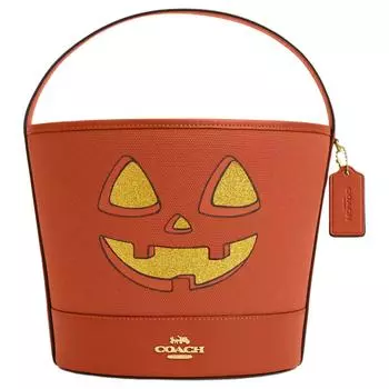 COACH Сумка-ведра из холста, женская, среднего размера, золотистые, разноцветная, насыщенного оранжевого цвета
