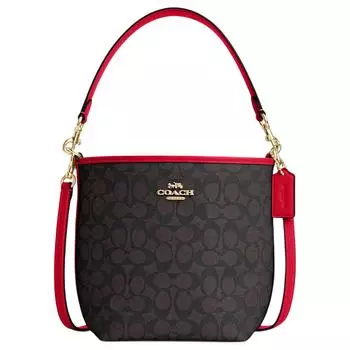 COACH Сумка-ведро City Coated из холста, портативная сумка через плечо, женская, черного и красного цвета, небольшого размера