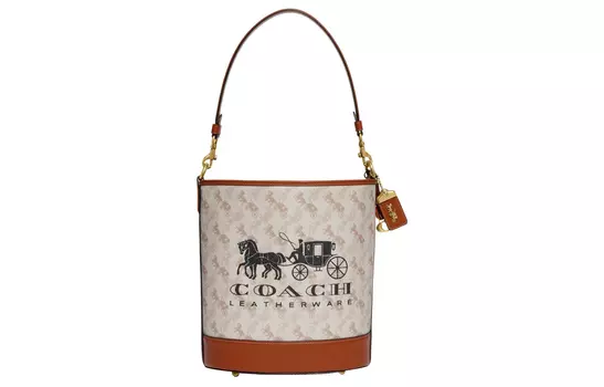 COACH Сумка-ведро Dakotah Canvas с телячьей кожей, дамская сумочка, сумка через плечо, сумка через плечо, большого размера, женская, белого и коричневого цвета