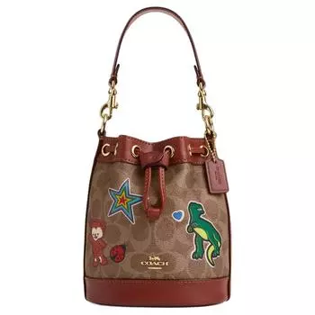 COACH Сумка-ведро Dempsey Coated Canvas Bag Mini, женская, золотисто-бежевая и разноцветная