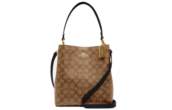 COACH Сумка-ведро Town Canvas с кожаной сумкой, сумка через плечо, сумка через плечо, женская, среднего размера, коричневого цвета