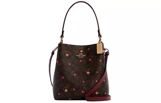 COACH Сумка-ведро Town Canvas с кожаной сумкой-ведром, сумка через плечо, маленькая женская, коричневого и бордового цвета