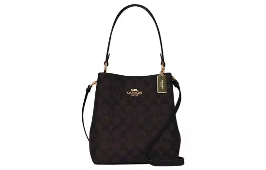 COACH Сумка-ведро Town Canvas с кожей, дамская сумка, сумка через плечо, женская, темно-коричневая