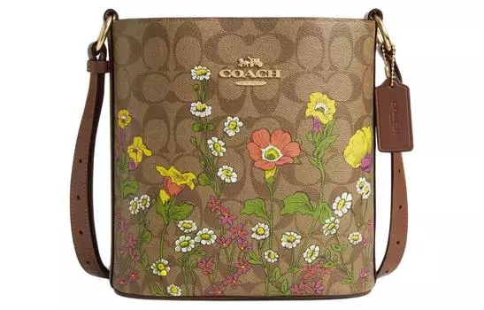 COACH Сумки-ведра из фирменного холста, сумка через плечо, женская сумка через плечо, золото и хаки, разноцветная