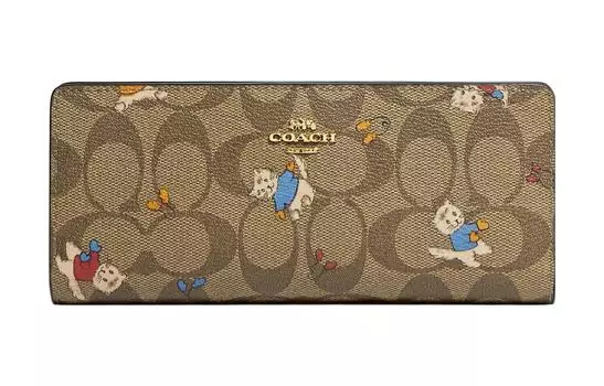 COACH Тонкий женский кошелек из ткани с покрытием и держателем для карт из гладкой кожи цвета хаки