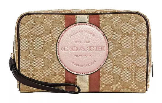 COACH Женская косметичка Trumpets из холста с кожаным клатчем, квадратная, цвета темно-хаки и розового