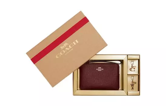 COACH Женская кожаная сумка-клатч на запястье с угловой молнией, цвет вишнево-красный