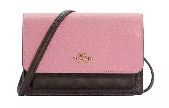 COACH Женская кожаная сумка-пояс Trumpets с откидным клапаном, через плечо, коричневая, с монограммой и розовой ракушкой