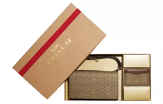 COACH Женская сумка-кошелек Trumpets из парусины с кожаным держателем для карт, клатч, сумка через плечо, коричневая