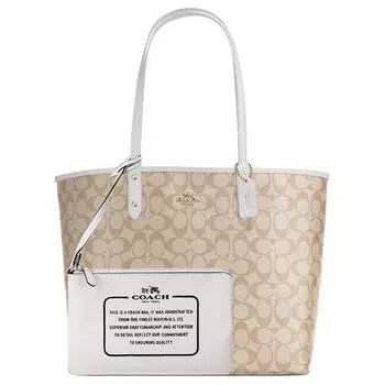 COACH Женская сумка-тоут из холста с кожаной сумкой, сумка для покупок, комбинированная сумка, дамская сумочка, сумка на плечо, белая и цвета хаки, монограмма