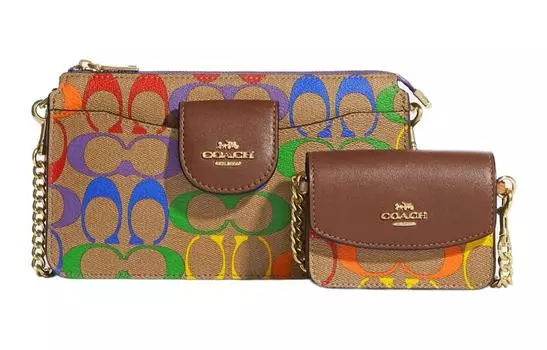 COACH Женская сумка-трансформер Trumpets из холщовой ткани с покрытием POPPY и держателем для карт из гладкой кожи, цвет "радуга" коричневого цвета