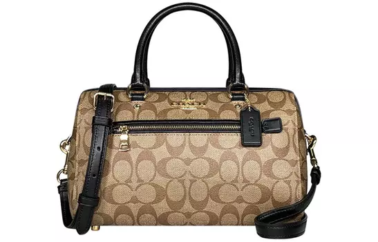 COACH Женская сумка-туба из ткани Rowan Monogram с кожаной сумкой на одно плечо, светло-коричневая, черная оправа