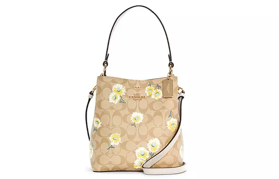 COACH Женская сумка-ведро Town Canvas с кожаной сумкой, дамская сумочка, сумка через плечо, сумка-мешок Trumpets, светло-хаки, монограмма