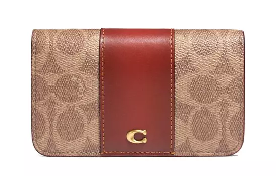 COACH Женский футляр для карт из холщовой ткани с кожаным кошельком, коричневый, желтый, ржавый