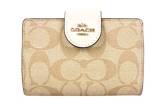 COACH Женский кошелек из коровьей кожи с угловой молнией, светло-коричневый, с монограммой и белым