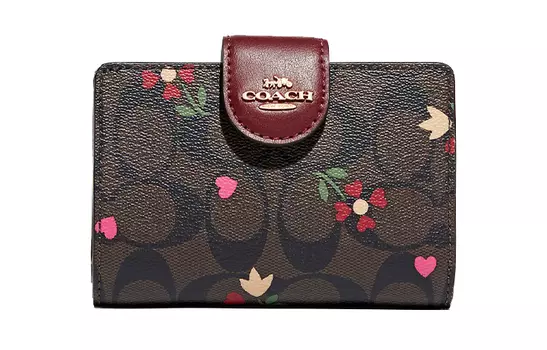 COACH Женский кошелек из ткани с монограммой, застежкой-молнией на углу и кожаной кнопкой, бордовый, многоцветный
