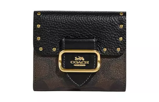 COACH Женский кошелек из ткани с покрытием и кожаным держателем для карт, небольшого размера, коричневого и черного цветов