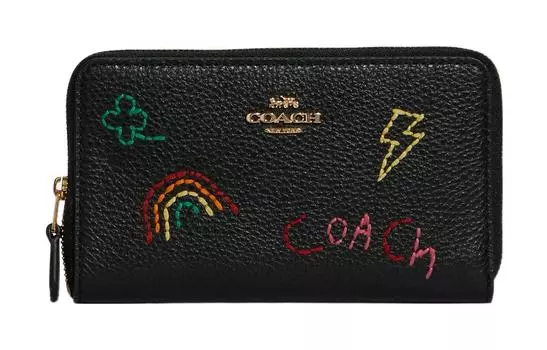 COACH Женский кошелек-картхолдер из зернистой кожи с вышивкой Diary Embroidery Collaboration, черный