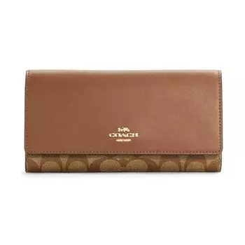 COACH Женский кошелек-клатч из кожи и холста, тройной сгиб, коричневый