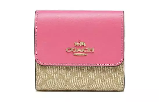 COACH Женский кошелек-тройка из холста с кожаным кошельком для монет, цвета хаки и розовый