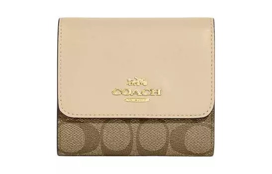 COACH Женский кошелек-труба, тройной, из холста, с кожаным держателем для карт, цвета хаки и мелового белого