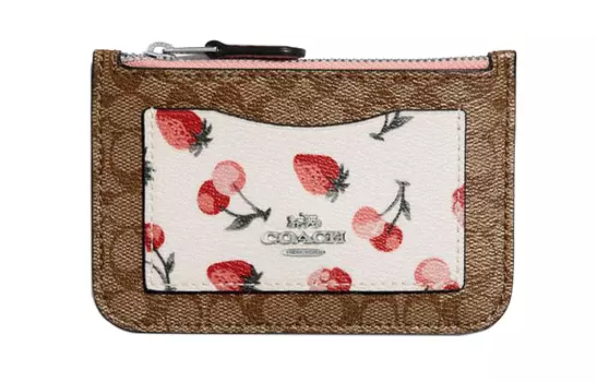 COACH Женский мини-кошелек для карт на молнии с кожаным держателем для карт и монетами, цвет хаки и белый
