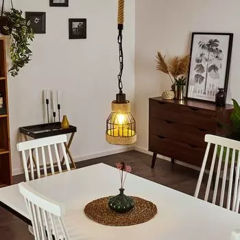 »Cogne« Подвесной светильник в стиле бохо из черного металла и пеньковой веревки. hofstein, серебро