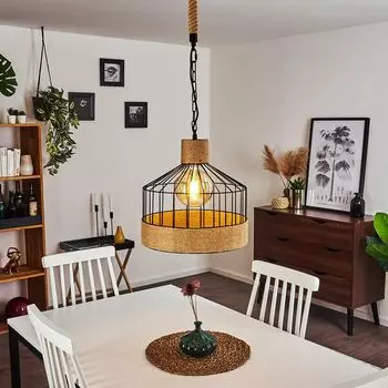 »Cogne« Подвесной светильник в стиле бохо из черного металла и пеньковой веревки. hofstein