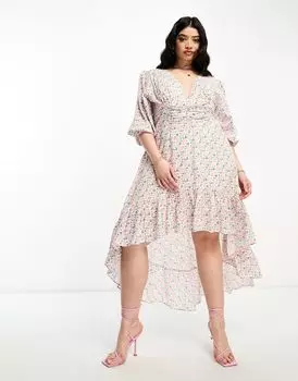 Collective Эксклюзивное платье макси цвета слоновой кости с высоким вырезом и оборками The Label Curve Collective the Label