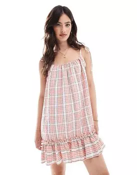 COLLUSION 2013 Пудрово-розовое мини-платье в клетку с глубоким подолом