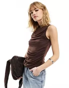 COLLUSION коричневый сетчатый топ со сборками и воротником-стойкой