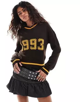 COLLUSION – коричневый вязаный свитер с v-образным вырезом и принтом, 1993 г