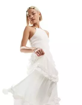 COLLUSION – летнее хлопковое платье макси с рюшами и вырезом бретелькой белого цвета