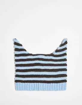 COLLUSION Новинка шапка-бини унисекс с ушками в сине-коричневую полоску