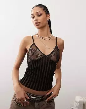 COLLUSION полосатая прозрачная кружевная майка черного цвета