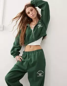 COLLUSION Ретро-стиль, зеленая укороченная флисовая толстовка с капюшоном на молнии (часть комплекта)