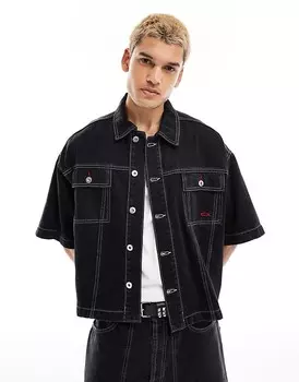 COLLUSION – спортивная рубашка из стираного денима черного цвета с контрастной строчкой, часть комплекта