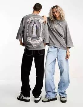 COLLUSION Супер-оверсайз-футболка унисекс из пике Saint с принтом на спине, темно-серый цвет